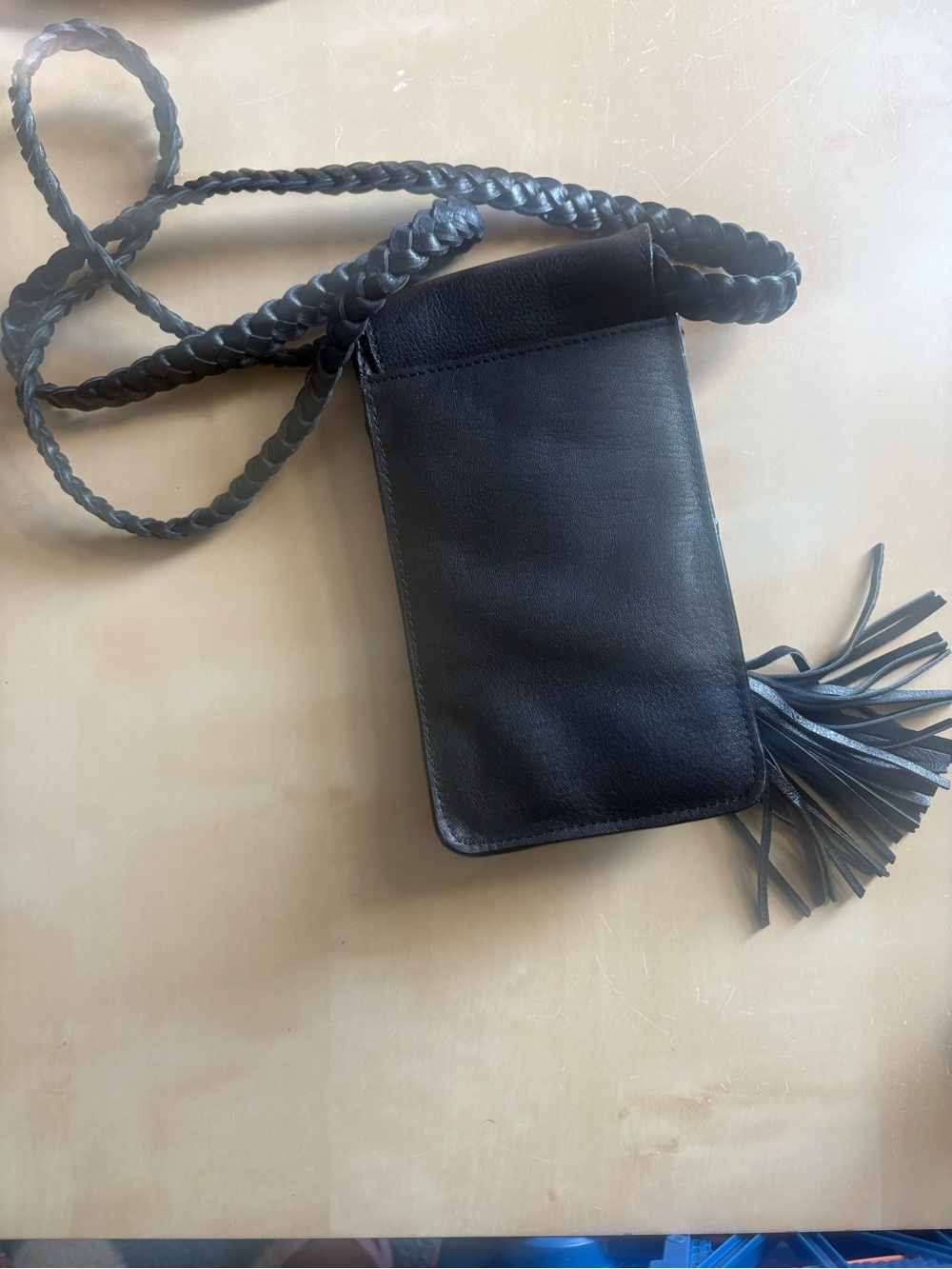 Joelle Hawkens Black Leather Phone Crossbody Bag Braided Strap Tassel Boho - Picture 4 of 7